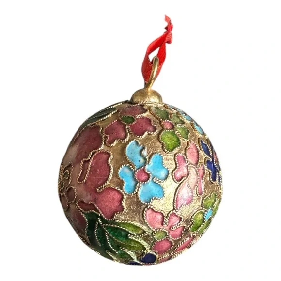 Cloisonné Vintage Christmas Ornament Floral Ball Bauble Gold Pink Green Blue - Picture 2 of 7